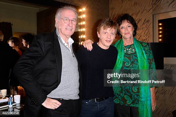 Humorist Alex Lutz standing between Actors from the TV Series 'Une Famille formidable', Bernard Le Coq and Anny Duperey attend Alex Lutz One man Show...