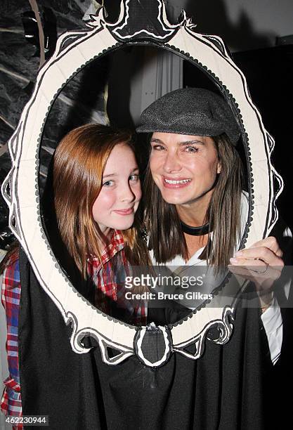 Rowan Henchy and Brooke Shields pose backstage at the new Edgar Allan Poe musical "Nevermore" at The New World Stages on January 25, 2015 in New York...