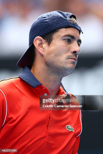 Guillermo Garcia-Lopez of Spain looks on in his fourth round match against Stanislas Wawrinka of Switzerland during day eight of the 2015 Australian...