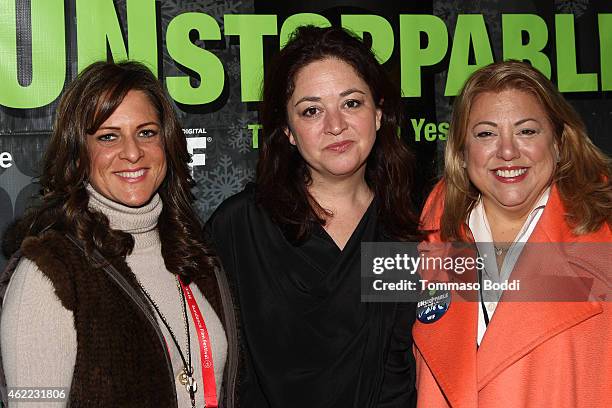President of WIF Cathy Schulman, Director/Producer Liz Garbus and Chair of the WIF in Park City program Lucy Webb attend the Women In Film Presents...