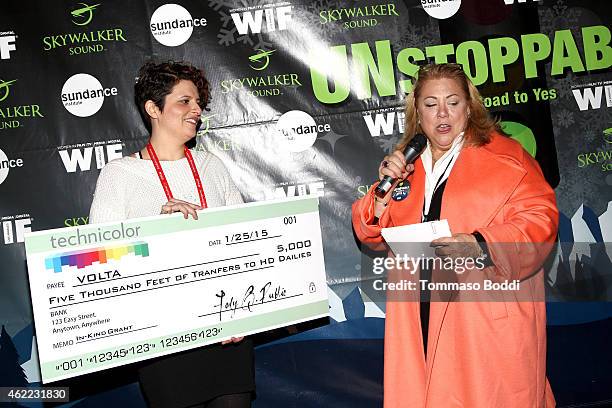 CalmDown Productions grant winner Stella Kyriakopoulos and Chair of the WIF in Park City program Lucy Webb attend the Women In Film Presents Ninth...