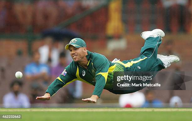 David Warner of Australia dives as he attempts a run out during the One Day International match between Australia and India at Sydney Cricket Ground...