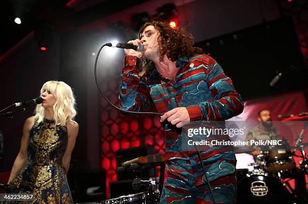 71st ANNUAL GOLDEN GLOBE AWARDS -- Pictured: Musicians Alice Katz and Sam Martin of Youngblood Hawke perform during Universal, NBC, Focus Features,...