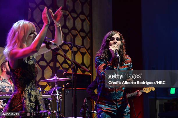 71st ANNUAL GOLDEN GLOBE AWARDS -- Pictured: Musicians Alice Katz and Sam Martin of Youngblood Hawke perform Universal, NBC, Focus Features, E!...