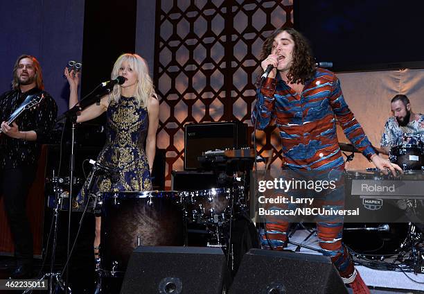 71st ANNUAL GOLDEN GLOBE AWARDS -- Pictured: Musicians Alice Katz and Sam Martin of Youngblood Hawke perform during Universal, NBC, Focus Features,...
