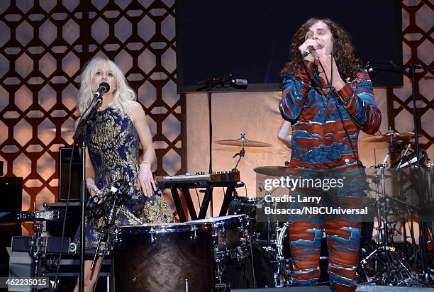 71st ANNUAL GOLDEN GLOBE AWARDS -- Pictured: Musicians Alice Katz and Sam Martin of Youngblood Hawke perform during Universal, NBC, Focus Features,...