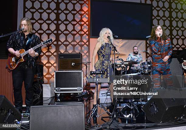 71st ANNUAL GOLDEN GLOBE AWARDS -- Pictured: Musicians Alice Katz and Sam Martin of Youngblood Hawke perform during Universal, NBC, Focus Features,...
