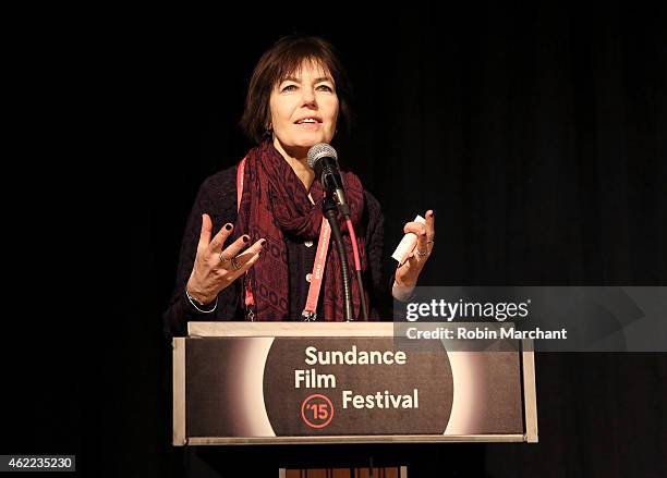 Filmmaker Kim Longinotto speaks onstage at the "Dreamcatcher" Premiere during the 2015 Sundance Film Festival at the Yarrow Hotel Theater on January...