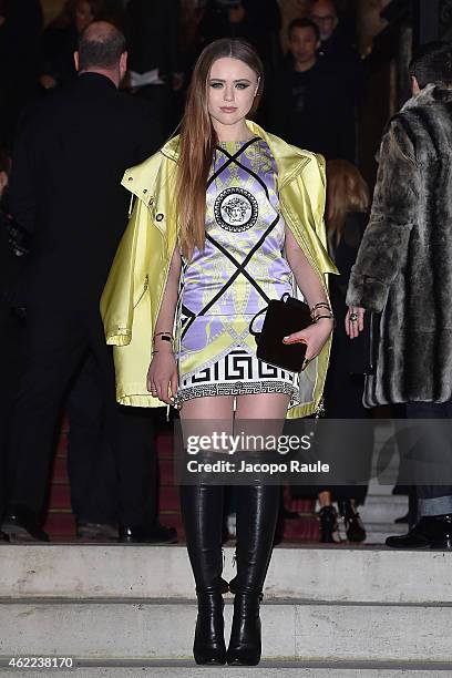 Kristina Bazan arrives at the Versace show as part of Paris Fashion Week Haute-Couture Spring/Summer 2015 on January 25, 2015 in Paris, France.