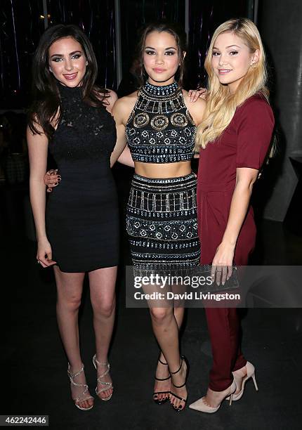 Actresses Ryan Newman, Paris Berelc and Olivia Holt attend Paris Berelc's "Sweet Sixteen" birthday party at The Loft and Rooftop Wet Deck at W...