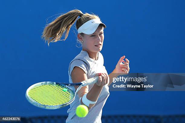 Kaylah McPhee of Australia in action in her match during the Australian Open 2015 Junior Championships at Melbourne Park on January 26, 2015 in...