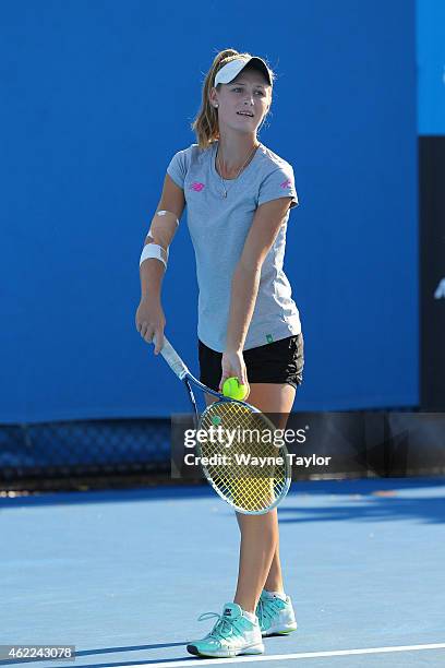 Kaylah McPhee of Australia in action in her match during the Australian Open 2015 Junior Championships at Melbourne Park on January 26, 2015 in...