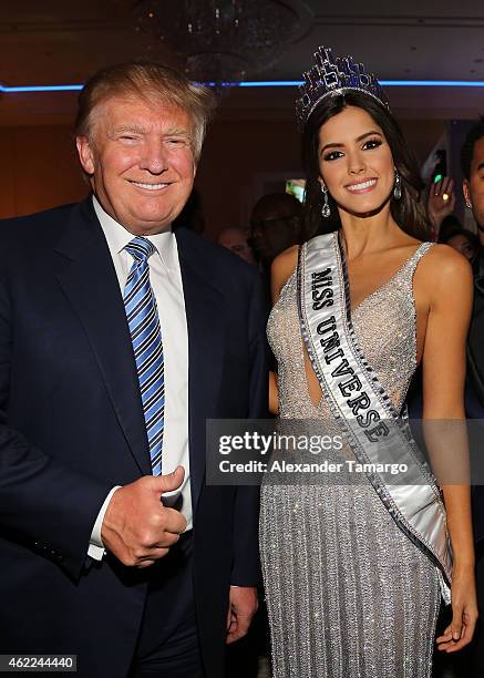 Donald Trump and Paulina Vega attend the Venue Magazine Official Miss Universe after party at Trump National Doral on January 25, 2015 in Doral,...