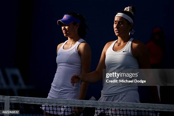 Sara Tomic of Australia and Shilin Xu of China in action in their match during the Australian Open 2015 Junior Championships at Melbourne Park on...