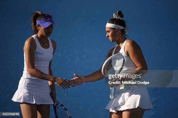 Sara Tomic of Australia and Shilin Xu of China in action in their match during the Australian Open 2015 Junior Championships at Melbourne Park on...