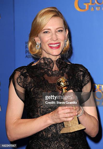 Actress Cate Blanchett poses in the press room during the 71st Annual Golden Globe Awards held at The Beverly Hilton Hotel on January 12, 2014 in...