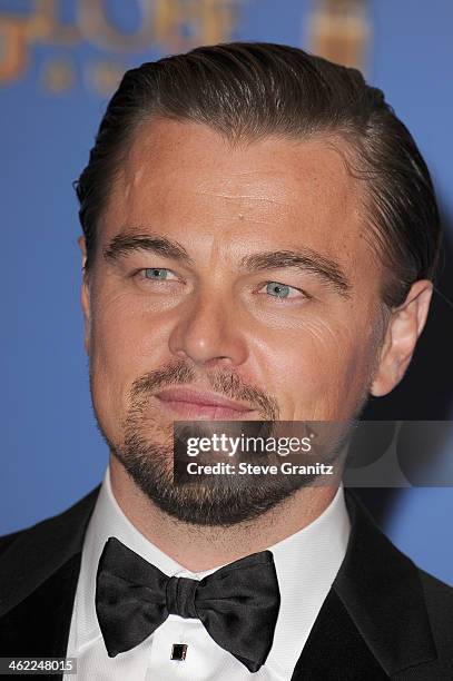 Actor Leonardo DiCaprio poses in the press room during the 71st Annual Golden Globe Awards held at The Beverly Hilton Hotel on January 12, 2014 in...