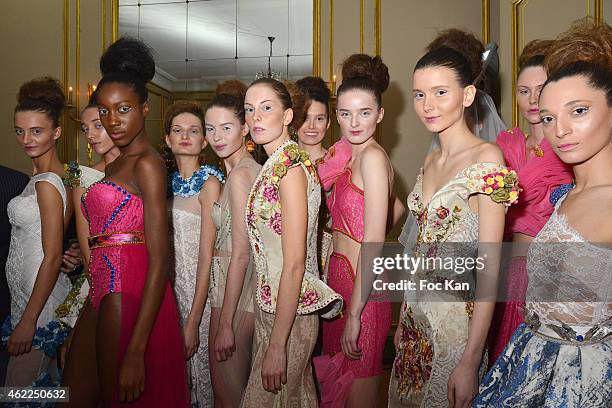 Models pose during the Legends of Monaco show as part of Paris Fashion Week Haute Couture Spring/Summer 2015 on January 25, 2015 in Paris, France.