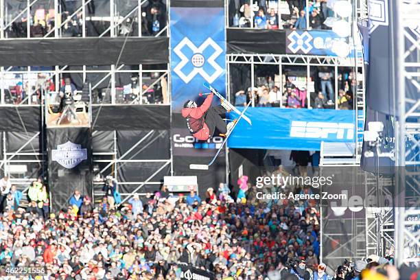 Simon d'Artois of Canada takes 1st place during the Winter X Games Men's Ski Superpipe on January 25, 2015 in Aspen, USA.