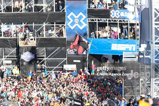 Simon d'Artois of Canada takes 1st place during the Winter X Games Men's Ski Superpipe on January 25, 2015 in Aspen, USA.