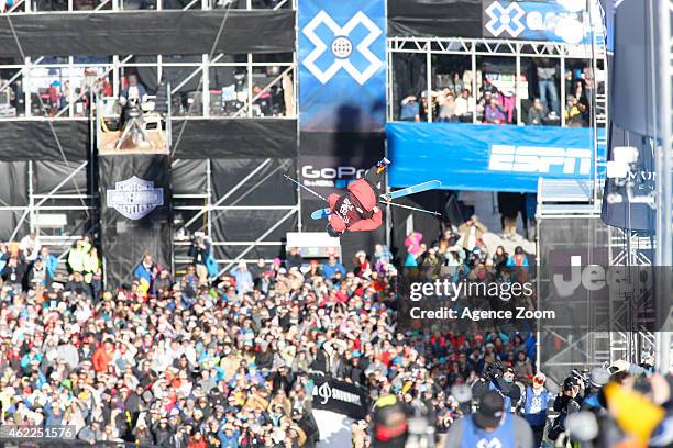 Simon d'Artois of Canada takes 1st place during the Winter X Games Men's Ski Superpipe on January 25, 2015 in Aspen, USA.