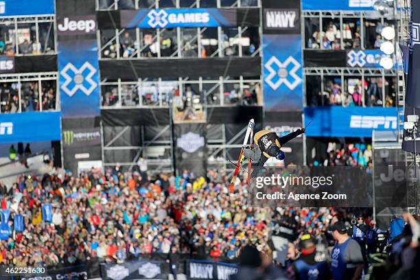 Noah Bowman of Canada competes during the Winter X Games Men's Ski Superpipe on January 25, 2015 in Aspen, USA.