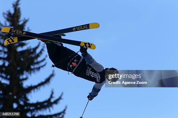 Lyman Currier of the USA competes during the Winter X Games Men's Ski Superpipe on January 25, 2015 in Aspen, USA.