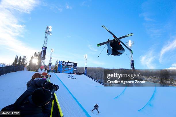 Kevin Rolland of France takes 2nd place during the Winter X Games Men's Ski Superpipe on January 25, 2015 in Aspen, USA.