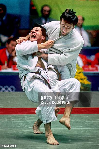 September 28: Eventual u78kg gold medallist, Waldemar Legien of Poland, attacks Bashir Varaev of Russia in the final during the Seoul Olympics at the...