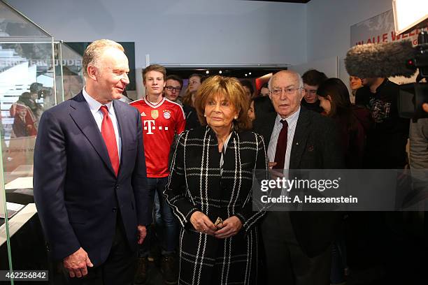 Prominent German Jewish leader Charlotte Knobloch and Karl-Heinz Rummenigge, CEO of FC Bayern Muenchen, attend the opening of the exhibition...