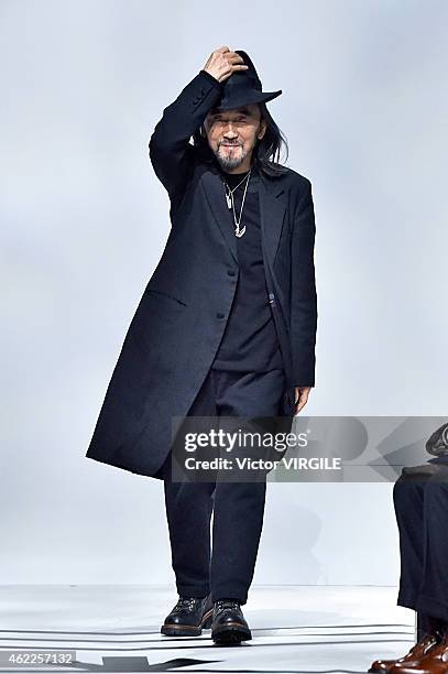 Designer Yohji Yamamoto walks the runway during the Y-3 Menswear Fall/Winter 2015-2016 show as part of Paris Fashion Week on January 25, 2015 in...