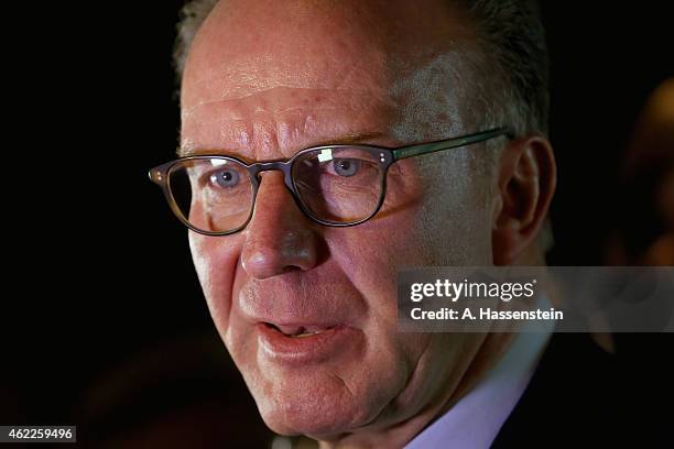 Karl-Heinz Rummenigge, CEO of FC Bayern Muenchen talks to the media after the opening of the exhibition "Players, Fighters and Legends. Jews in...