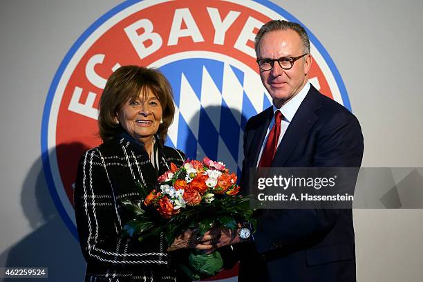 Prominent German Jewish leader Charlotte Knobloch and Karl-Heinz Rummenigge, CEO of FC Bayern Muenchen, attend the opening of the exhibition...