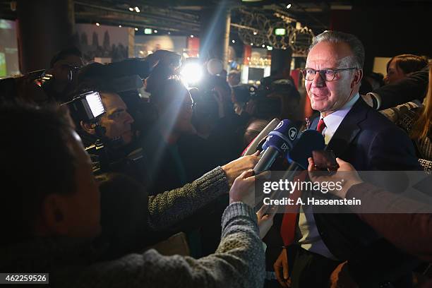 Karl-Heinz Rummenigge, CEO of FC Bayern Muenchen talks to the media after the opening of the exhibition "Players, Fighters and Legends. Jews in...