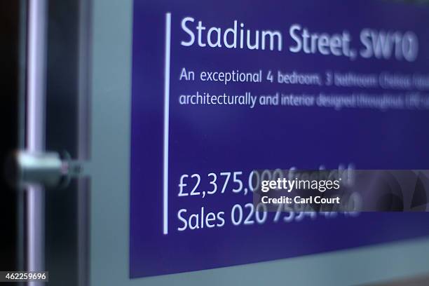 An advert for a luxury property is seen in the window of an estate agent on January 23, 2015 in west London, England. The Labour Party has proposed a...