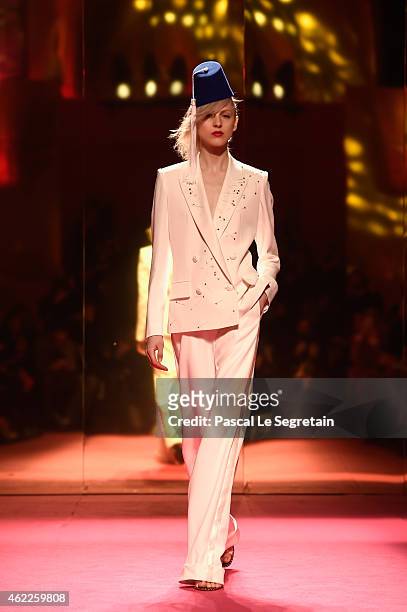 Model walks the runway during the Schiaparelli show as part of Paris Fashion Week Haute Couture Spring/Summer 2015 on January 26, 2015 in Paris,...