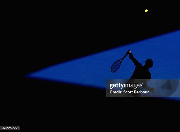 David Ferrer of Spain serves in his fourth round match against Kei Nishikori of Japan during day eight of the 2015 Australian Open at Melbourne Park...