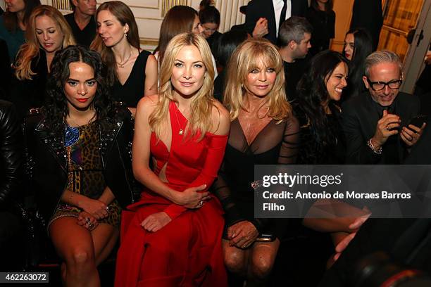 Sophie Lopez, Kate Hudson, Goldie Hawn attend the Versace show as part of Paris Fashion Week Haute Couture Spring/Summer 2015 on January 25, 2015 in...