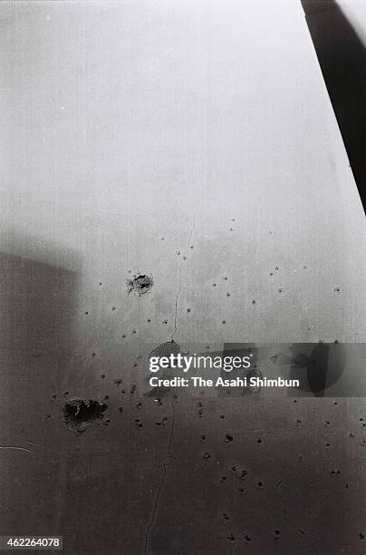 Bullet holes are seen in the Asama Sanso holiday lodge where the United Red Army took a hostage and was sieged by police photographed on March 4,...