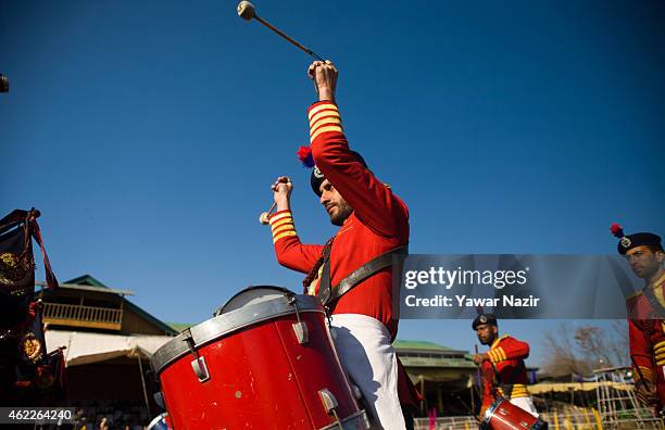 Member of music band of Indian police perform at the Bakshi stadium, where the authorities hold the main function during India's Republic Day...