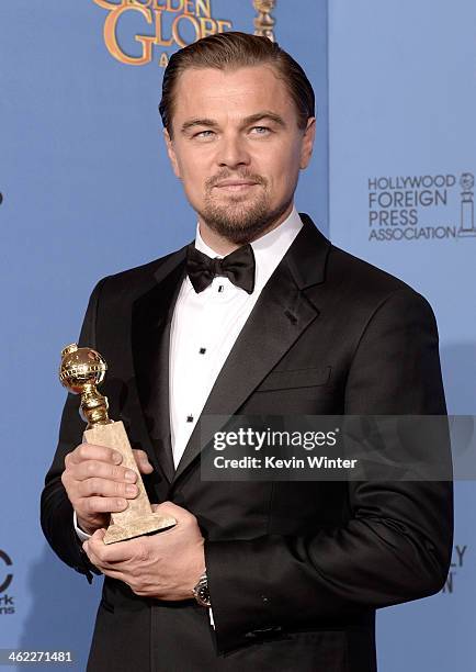 Actor Leonardo DiCaprio, winner of Best Actor in a Motion Picture - Musical or Comedy for 'The Wolf of Wall Street,' poses in the press room during...