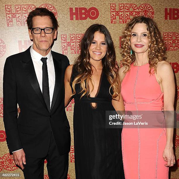 Kevin Bacon, Sosie Bacon and Kyra Sedgwick attend HBO's Golden Globe Awards after party at Circa 55 Restaurant on January 12, 2014 in Los Angeles,...