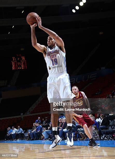 Grant Jerrett of the Oklahoma City Blue shoots the Canton Charge during an NBA D-League game on January 23, 2015 at the Cox Convention Center in...