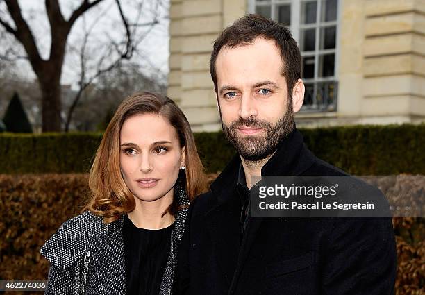 Actress Natalie Portman and her husband Benjamin Millepied attend the Christian Dior show as part of Paris Fashion Week Haute Couture Spring/Summer...