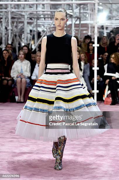 Model walks the runway during the Christian Dior show as part of Paris Fashion Week Haute Couture Spring/Summer 2015 on January 26, 2015 in Paris,...