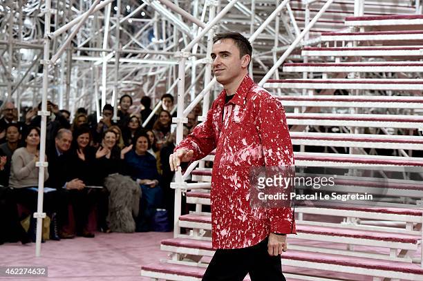 Creative Director Raf Simons appears at the end of the runway after the Christian Dior show as part of Paris Fashion Week Haute Couture Spring/Summer...