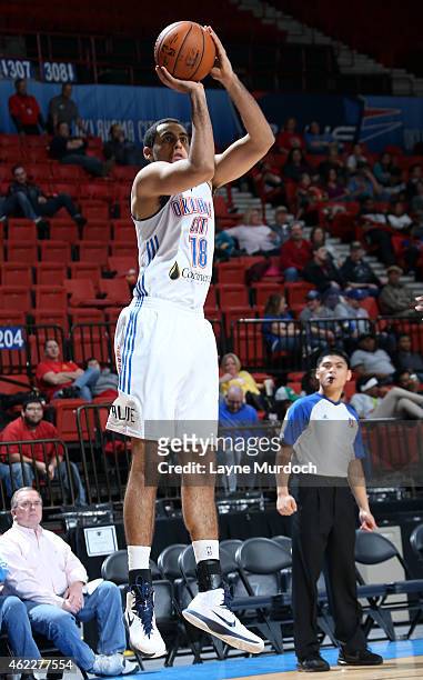 Grant Jerrett of the Oklahoma City Blue shoots the ball against the Austin Spurs during an NBA D-League game on January 24, 2015 at the Cox...