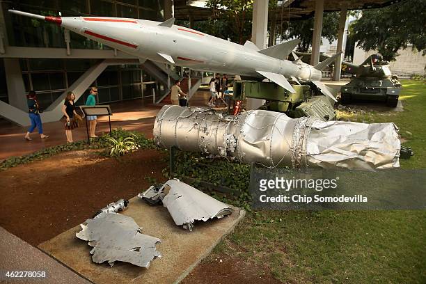 The wrecked engine from the U2 spy plane flown by U.S. Air Force pilot Rudolph Anderson is on display next to a surface-to-air missile like the one...