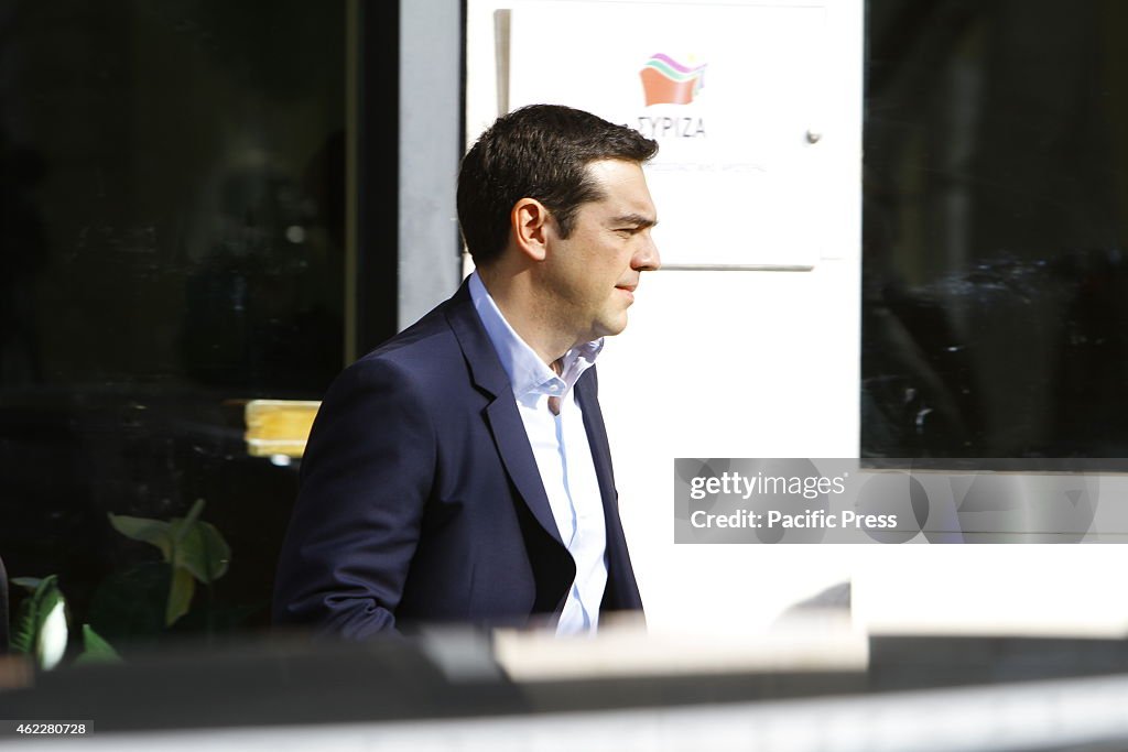 Alexis Tsipras,  the leader of SYRIZA,  leaves the offices.