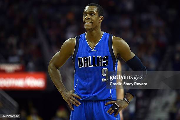 Rajon Rondo of the Dallas Mavericks reacts to an officials call during the second half of a game against the New Orleans Pelicans at the Smoothie...